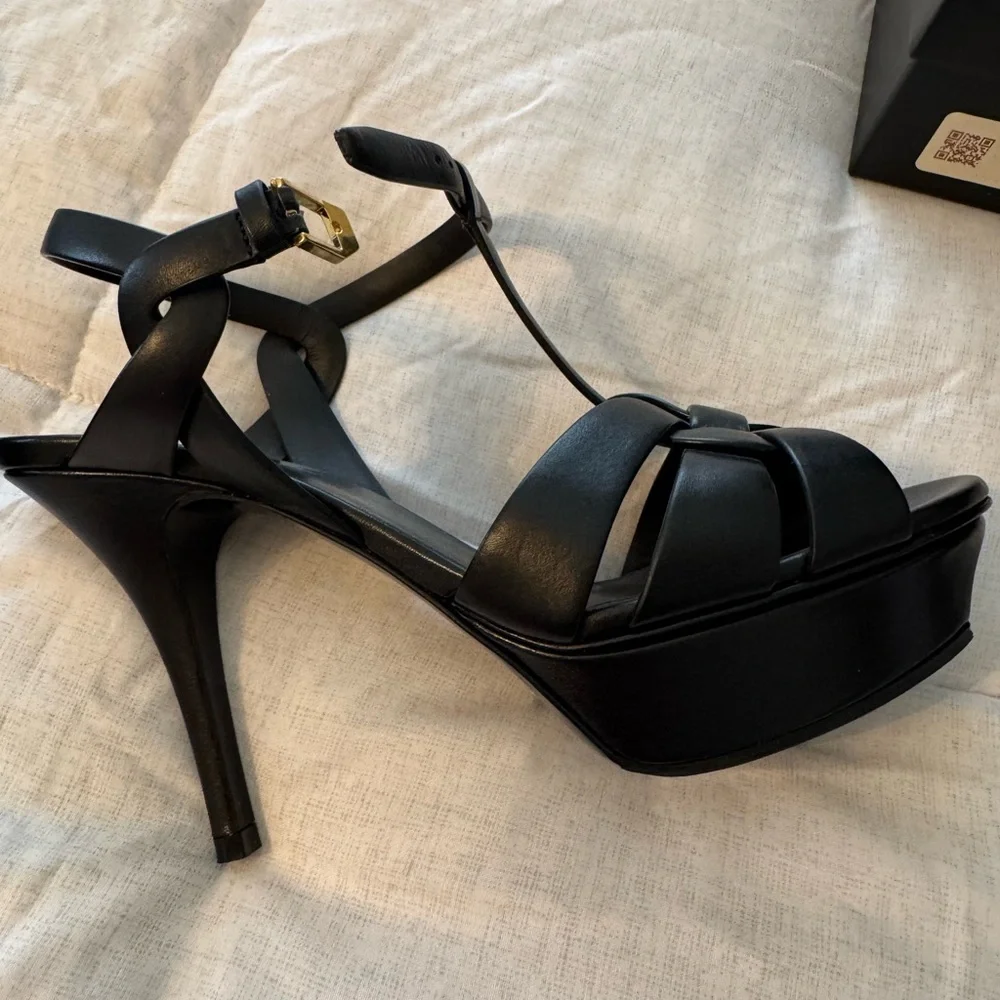 Saint Laurent Black Leather Strappy Platform Heels with Gold Logo - Picture 12 of 14